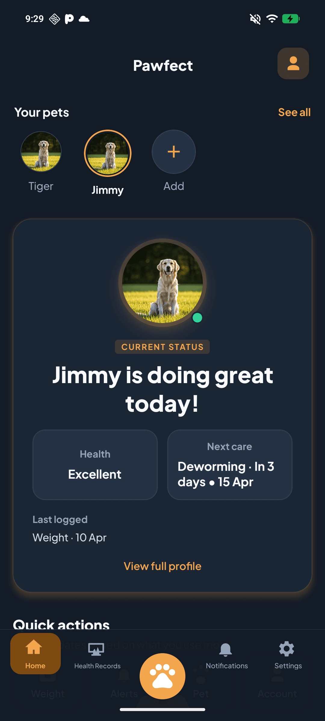Pawfect mobile app home dashboard with pet status, health summary, and navigation