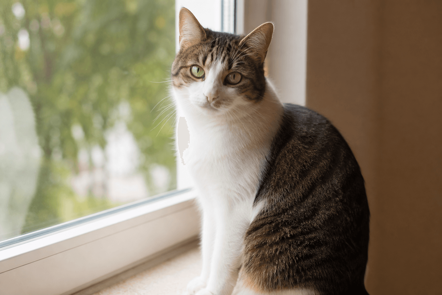 Domestic cat on a sunny windowsill
