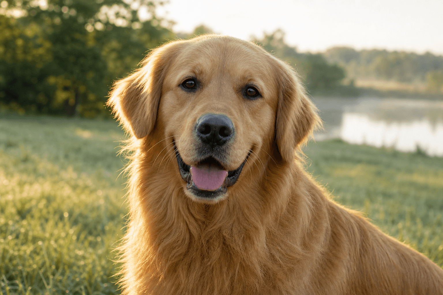 Golden retriever outdoors in soft morning light
